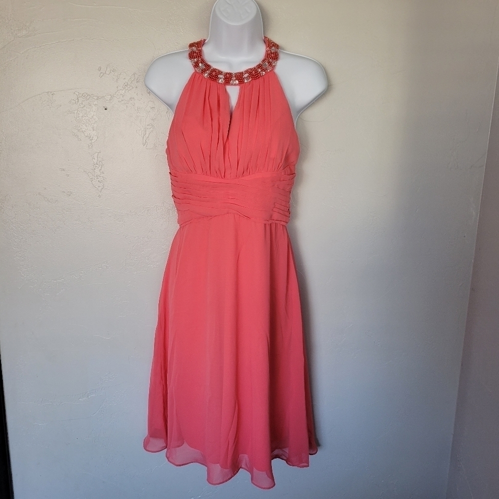 Scarlett Women's 2 Coral Pink Dress Formal Halter Beaded Sleeveless Made India